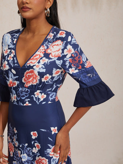 Satin V-Neck Tiered Hem Floral Print Vacation Maxi Dress
