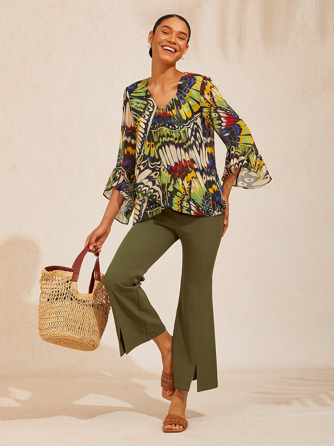 Green Mandala Floral Flowy Chiffon Blouse