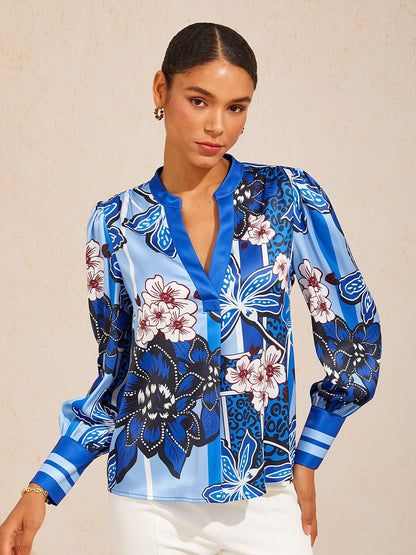 Azure Bloom Silky Satin Blouse