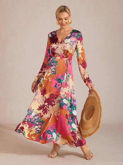 Sunset Bloom Reverie Silky Satin Floral Maxi Dress