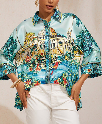 Pastel Floral Garden Satin Dolman Sleeve Button Down Shirt