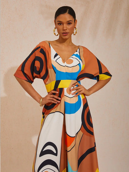 Abstract Art Silky Satin Vacation Maxi Dress