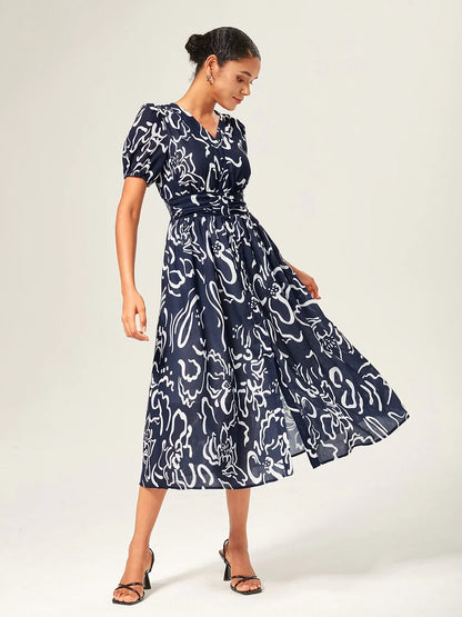Abstract Art Print Linen-Like Maxi Dress