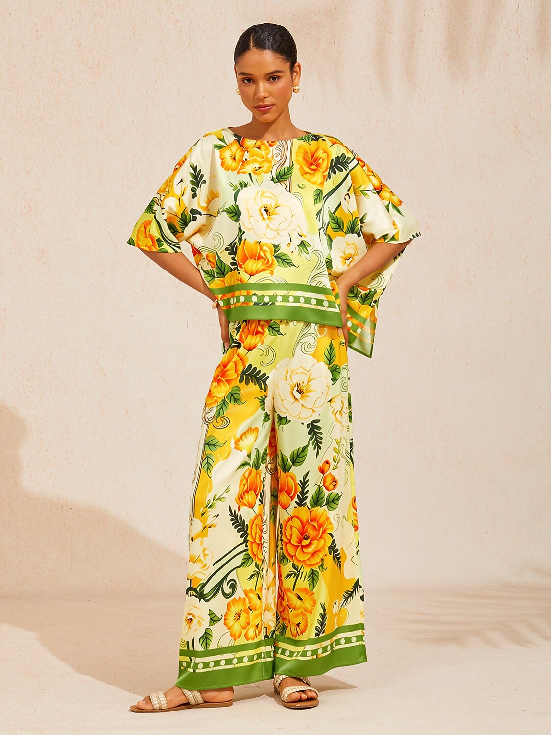 Golden Bloom Silky Satin Batwing Top