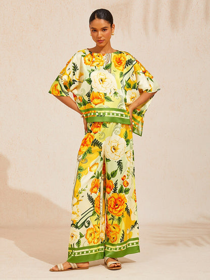 Golden Bloom Silky Satin Wide Leg Pants