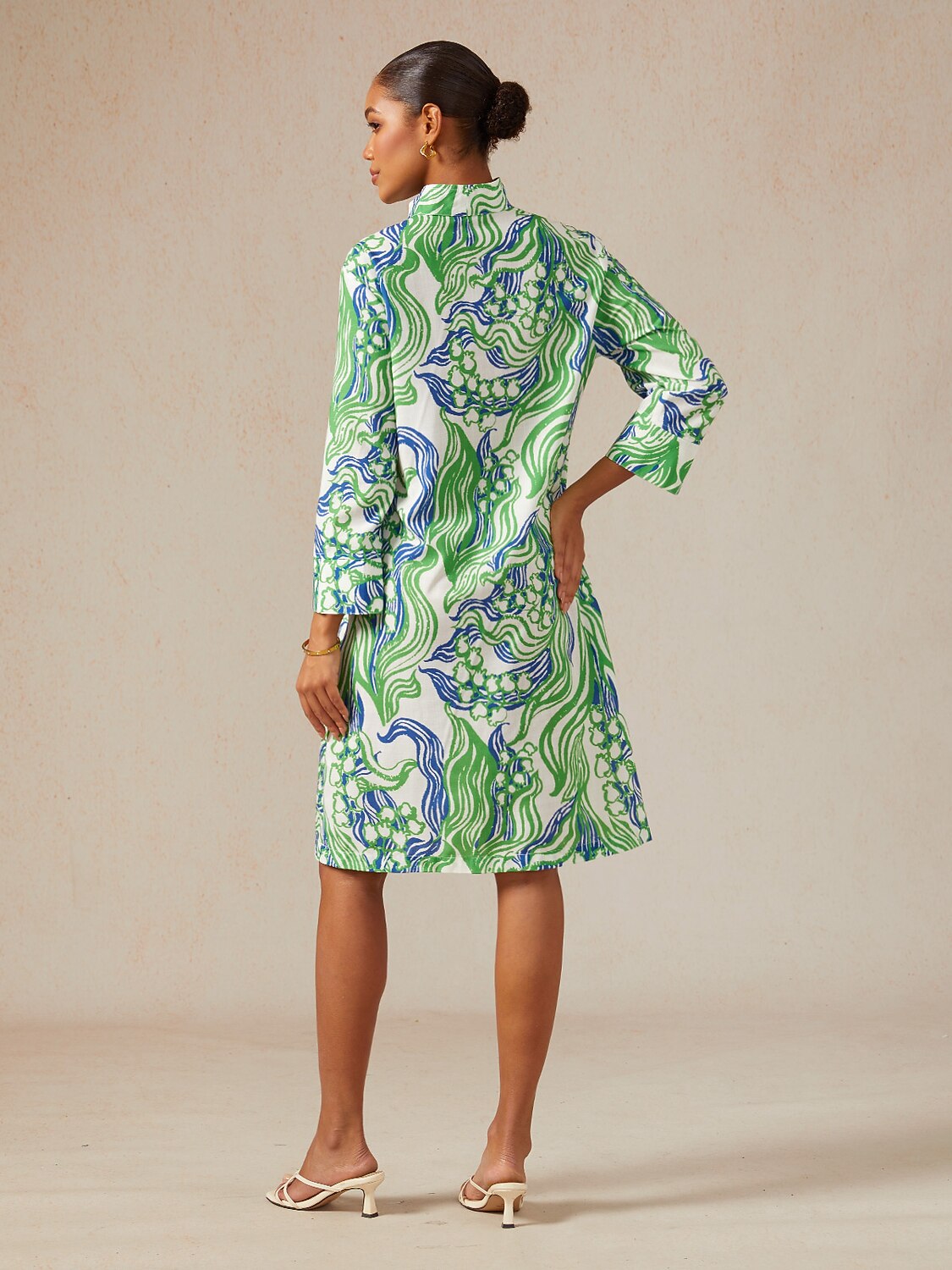 Abstract Bell Flower Linen Look Midi Dress