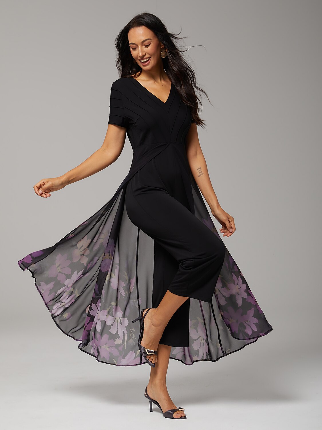 Paneled Design Faux Flowy Sheer Stretch Fabric Jumpsuit