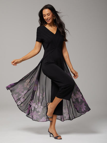 Paneled Design Faux Flowy Sheer Stretch Fabric Jumpsuit