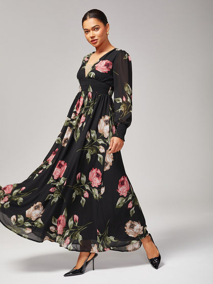 Floral Print Flowy Chiffon Maxi Dress