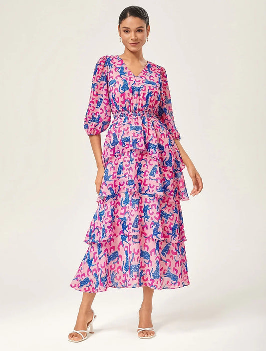 Pink Leopard Chiffon Cinched Peplum Dress