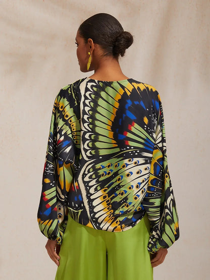 Jungle Butterfly Silky Satin Top