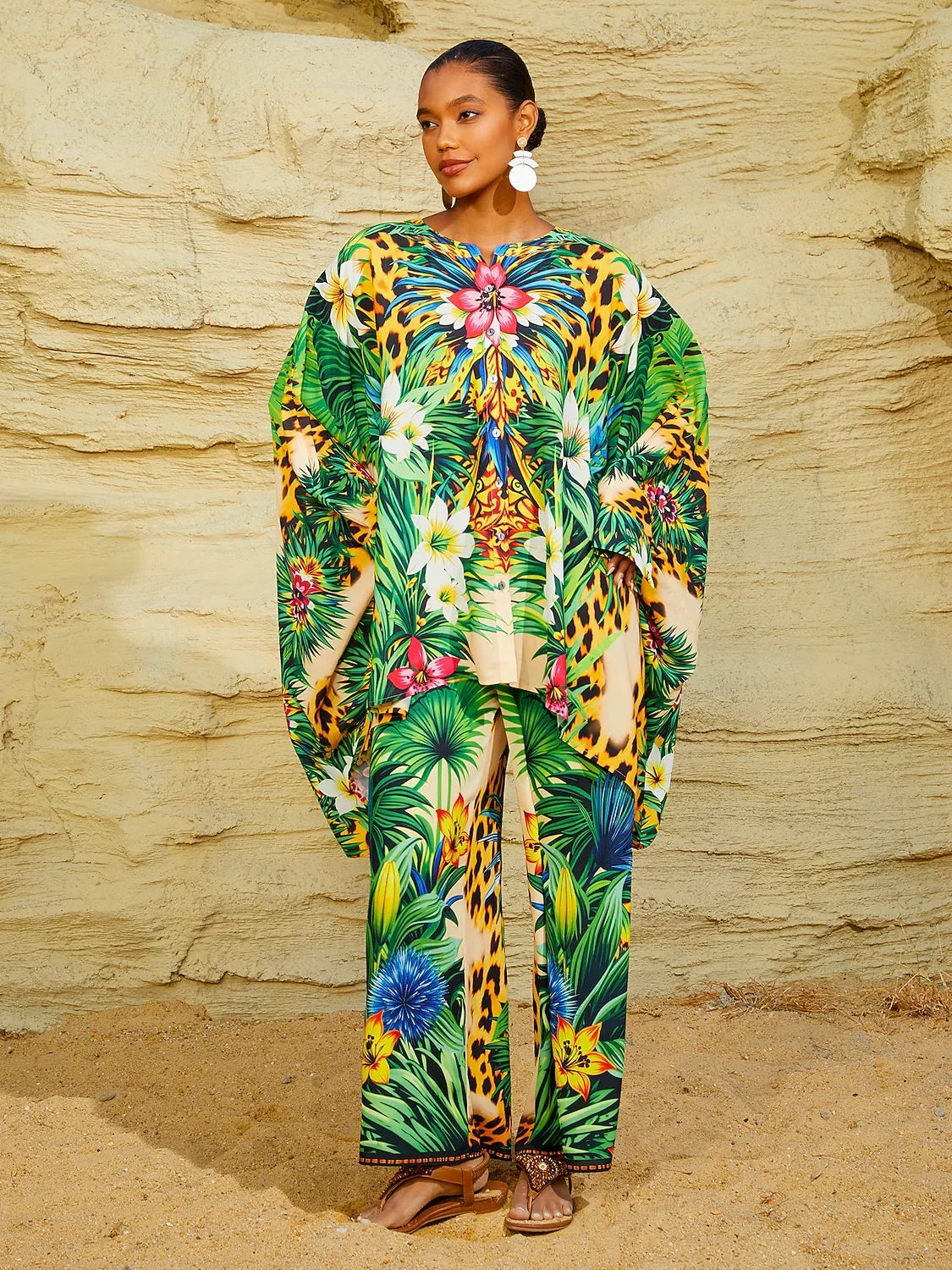 Tropical Temptation Flowy Chiffon Dolman Sleeve Blouse