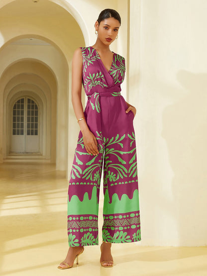 Satin Plant Print V-Neck Jumpsuit