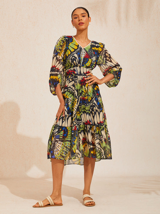 Jungle Butterfly Flowy Chiffon Midi Dress