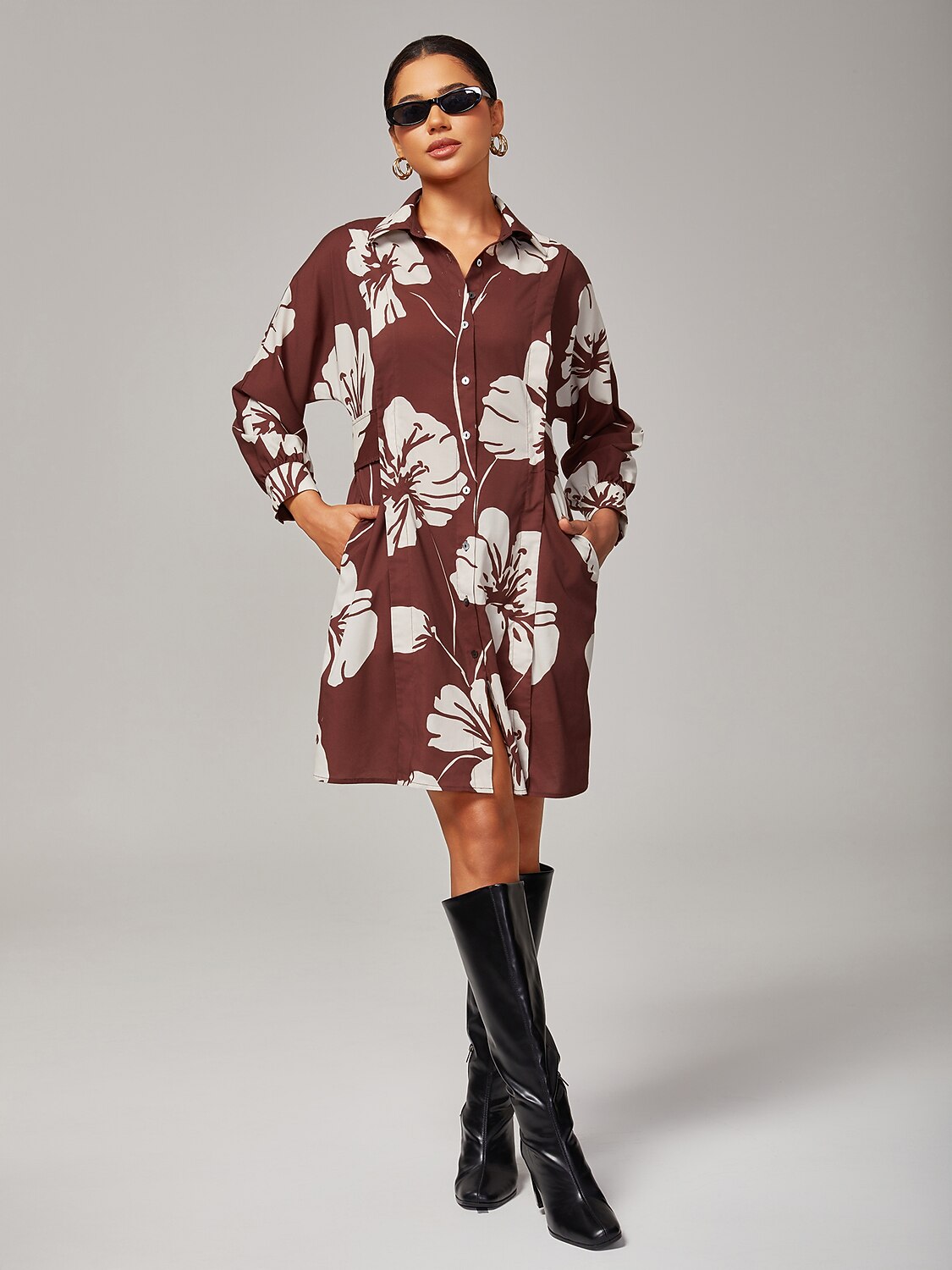 Floral Print Raglan Sleeve Shirt Dress