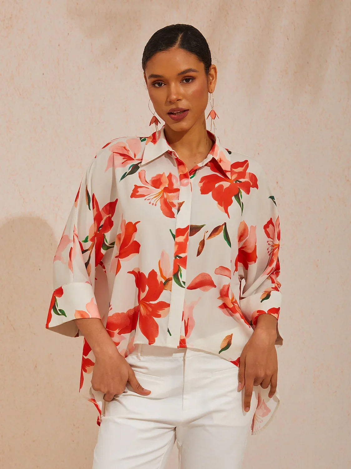 Spring Blooms Flowy Chiffon Asymmetrical Dolman Sleeve Blouse