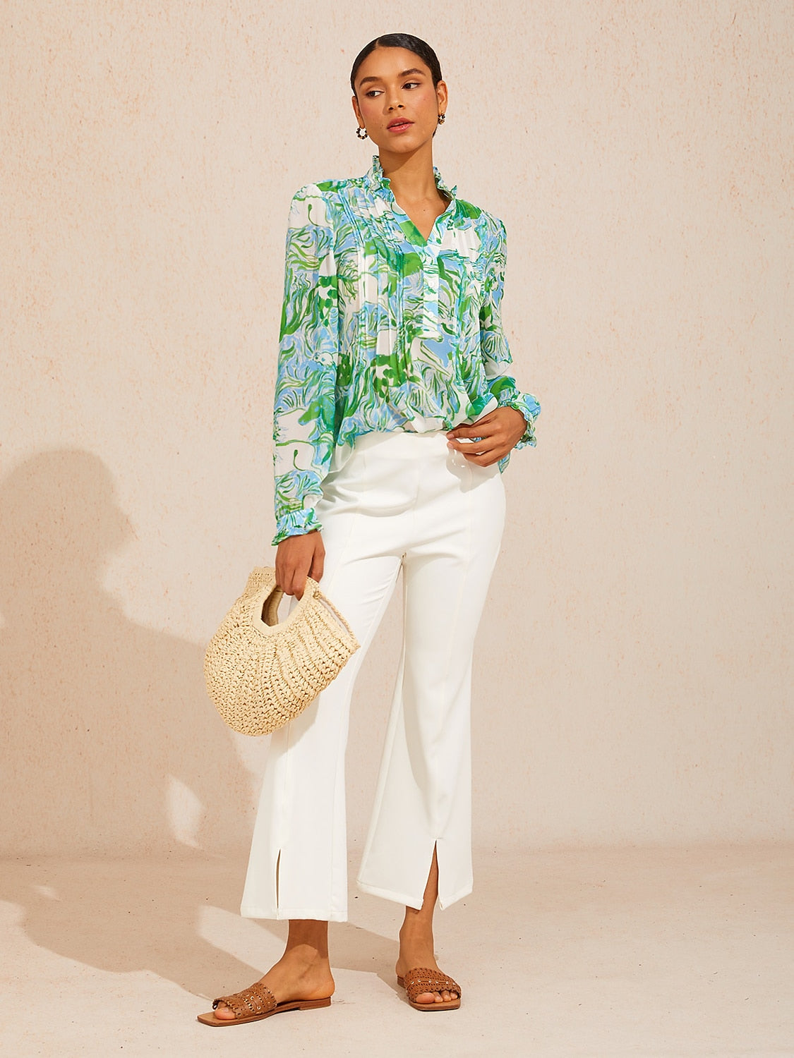 Graphic Art Mustang Ruffle V-Neck Chiffon Blouse