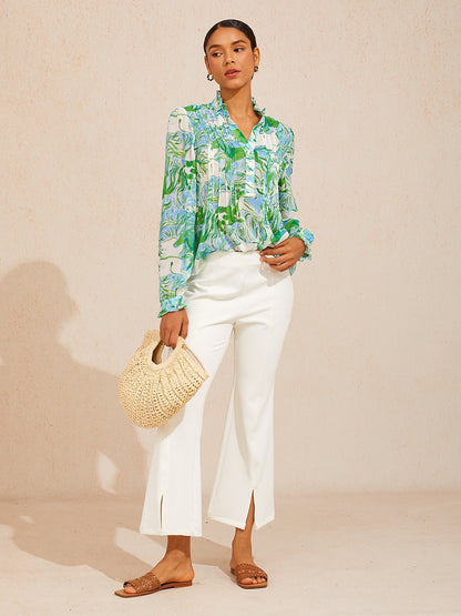 Graphic Art Mustang Ruffle V-Neck Chiffon Blouse