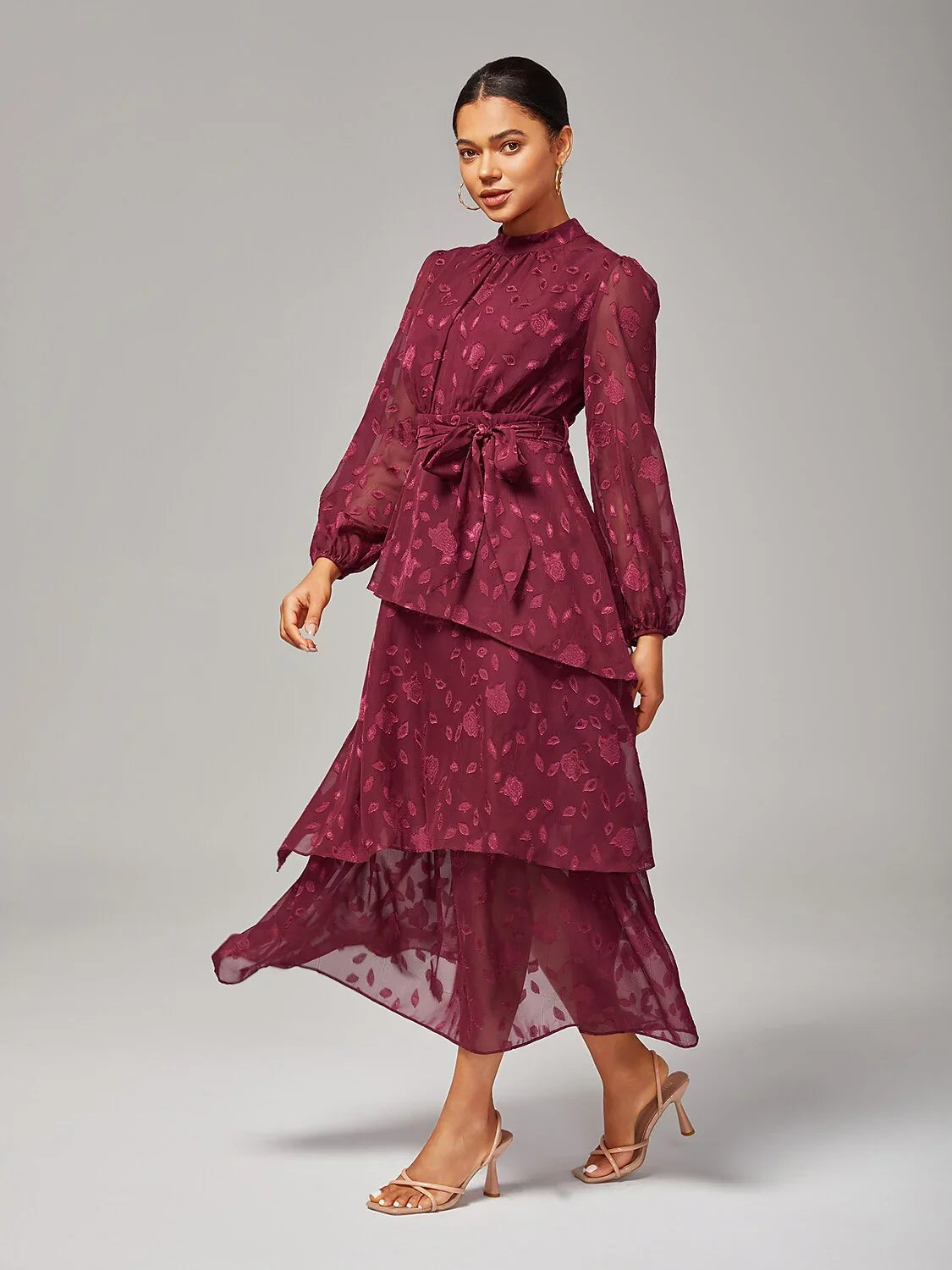 Elegant Floral Print High-Neck Maxi Chiffon Dress