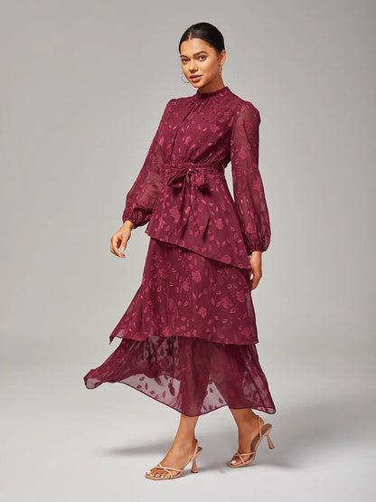 Elegant Floral Print High-Neck Maxi Chiffon Dress