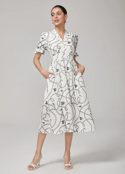 Chain Print Smocked Back Corset Midi Dress