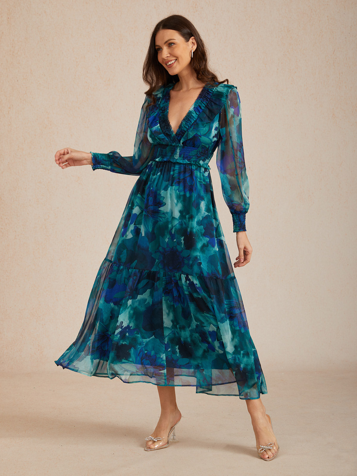 Ocean Bloom Reverie Flowy Chiffon Maxi Dress