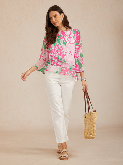 Pink Jungle Flora Flowy Chiffon Layered Blouse
