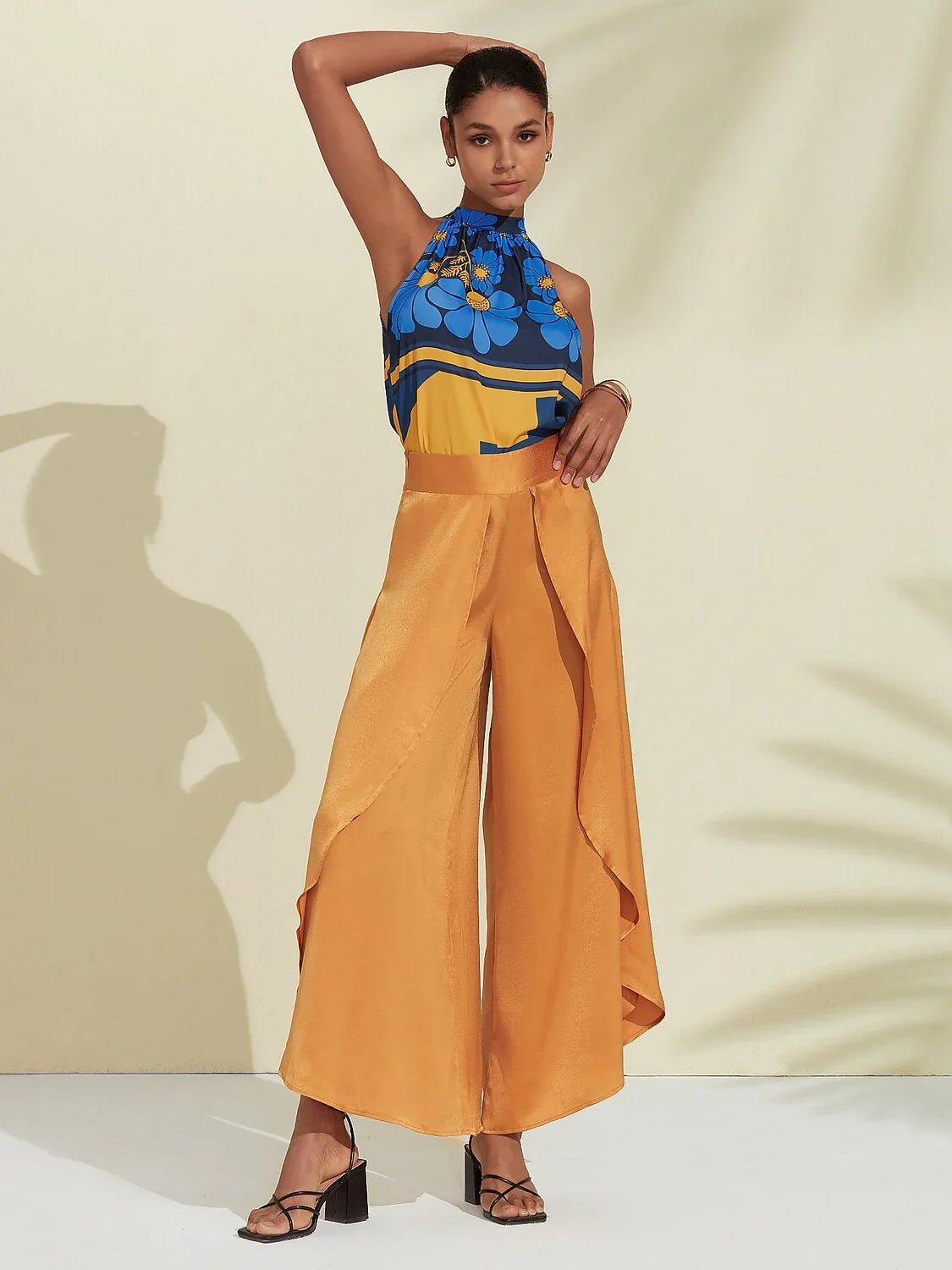 Geometic Flower Plants Ruched Tie Back Satin Blouse