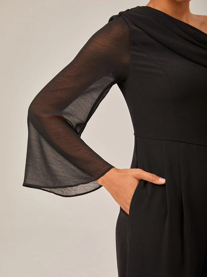 Draped Asymmetric Shoulder Elegant Black Jumpsuit