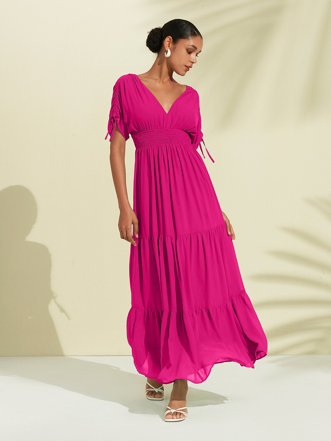 Rose Red Short Sleeve Vacation Chiffon Dress