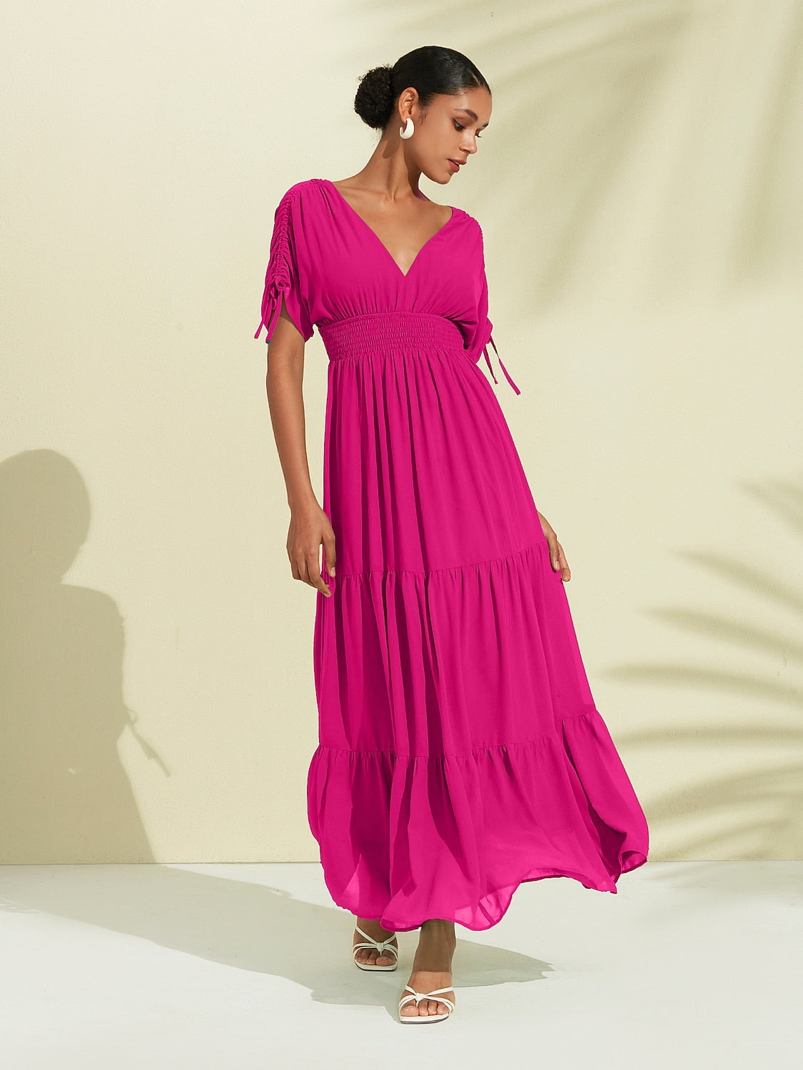 Rose Red Short Sleeve Vacation Chiffon Dress