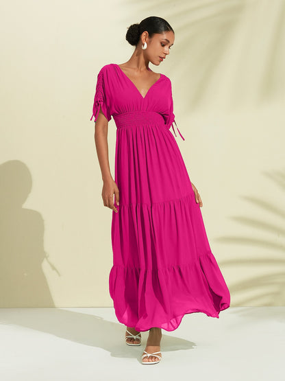 Rose Red Short Sleeve Vacation Chiffon Dress