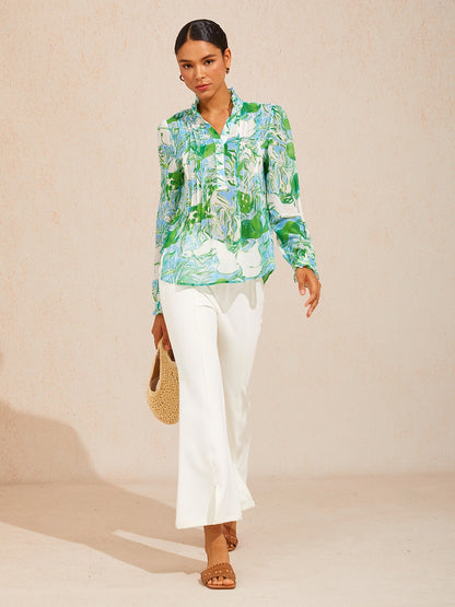 Graphic Art Mustang Ruffle V-Neck Chiffon Blouse