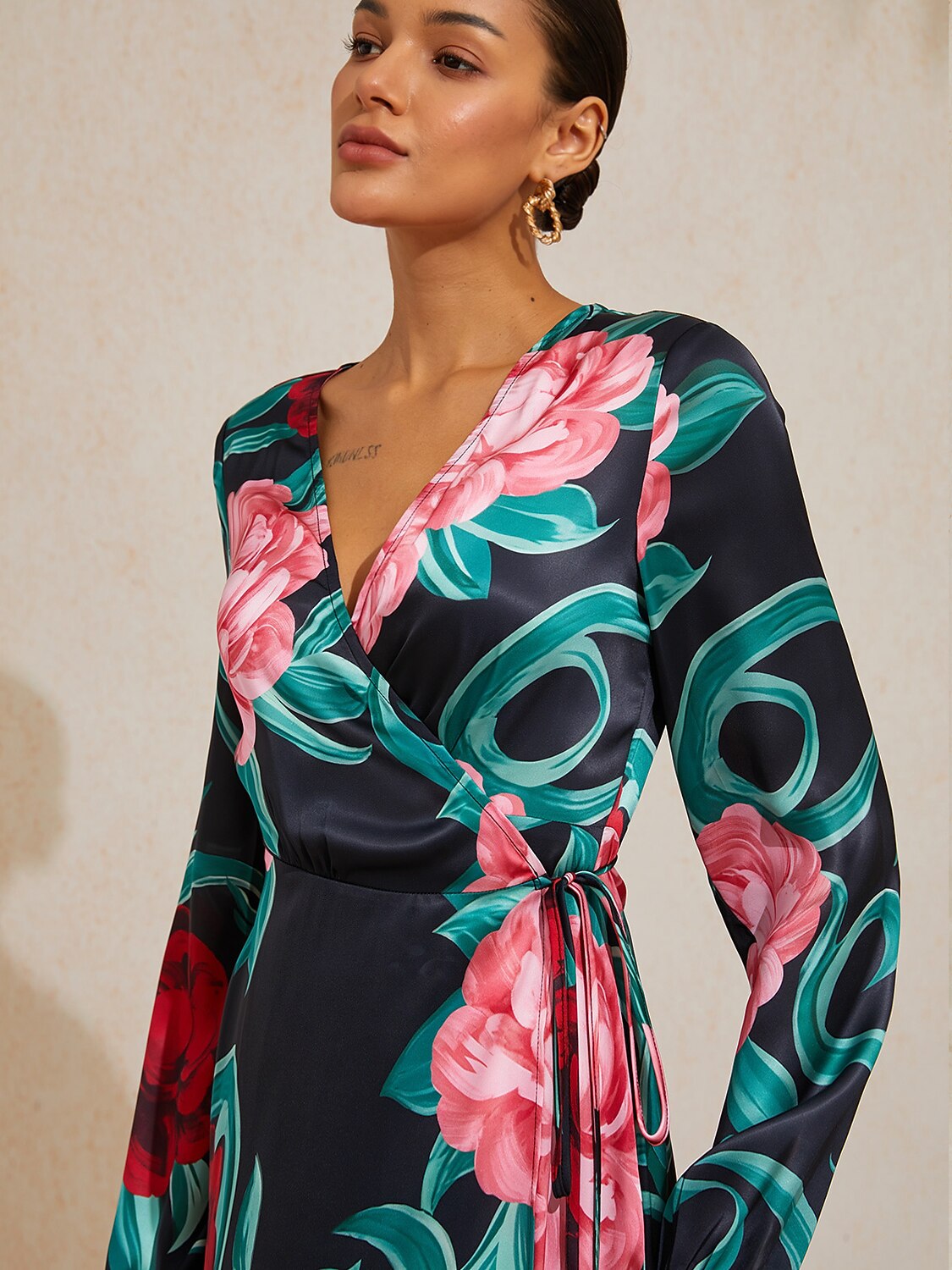 Emerald Rose Garden Silky Satin Floral Maxi Dress