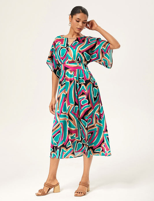 Robe satin à manches chauve-souris colorées et abstraites, avec cordon de serrage