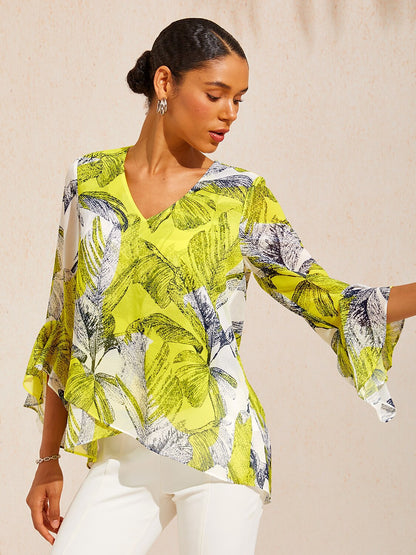 Citrus Palm Luxe Flowy Chiffon Blouse