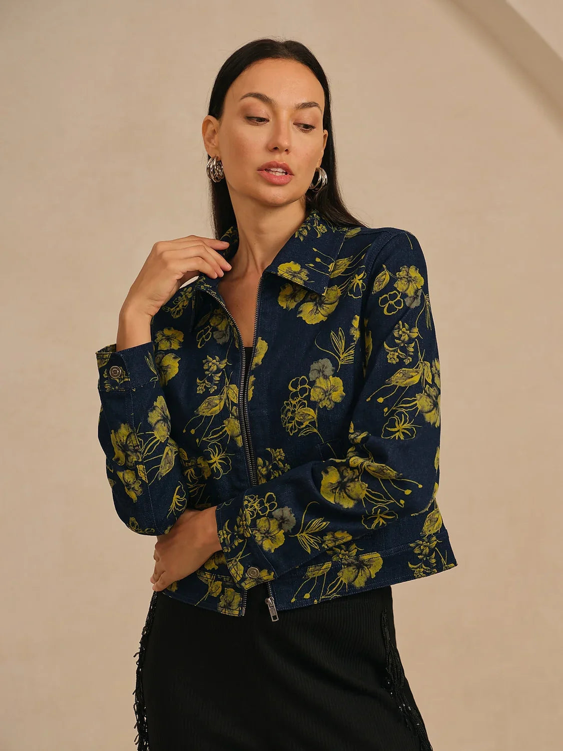 Denim Yellow Floral Pattern Turn Down Collar Jacket