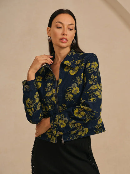 Denim Yellow Floral Pattern Turn Down Collar Jacket