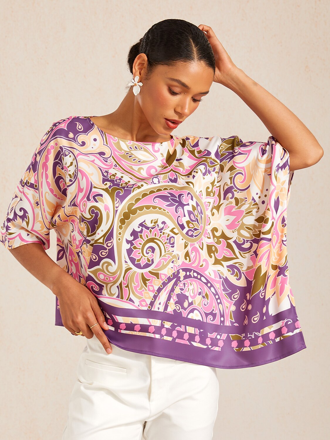 Lavender Paisley Flora Silky Satin Dolman Top