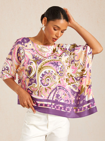 Pastel Floral Garden Silky Satin Dolman Batwing Top