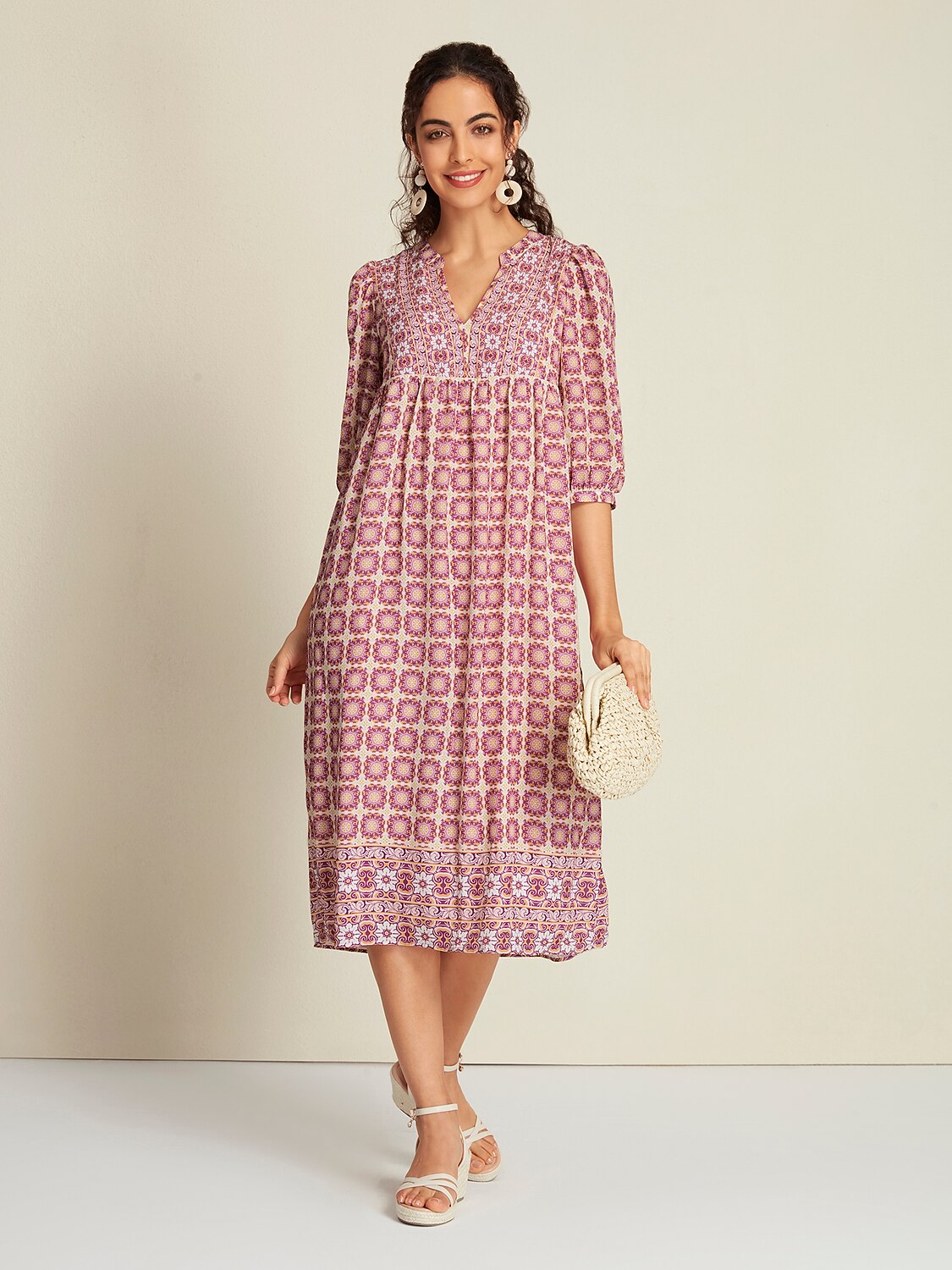 Chiffon Ethnic Floral Print Half Sleeve V-Neck Midi Dress