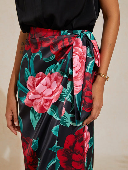 Emerald Rose Garden Silky Satin Wrap Skirt