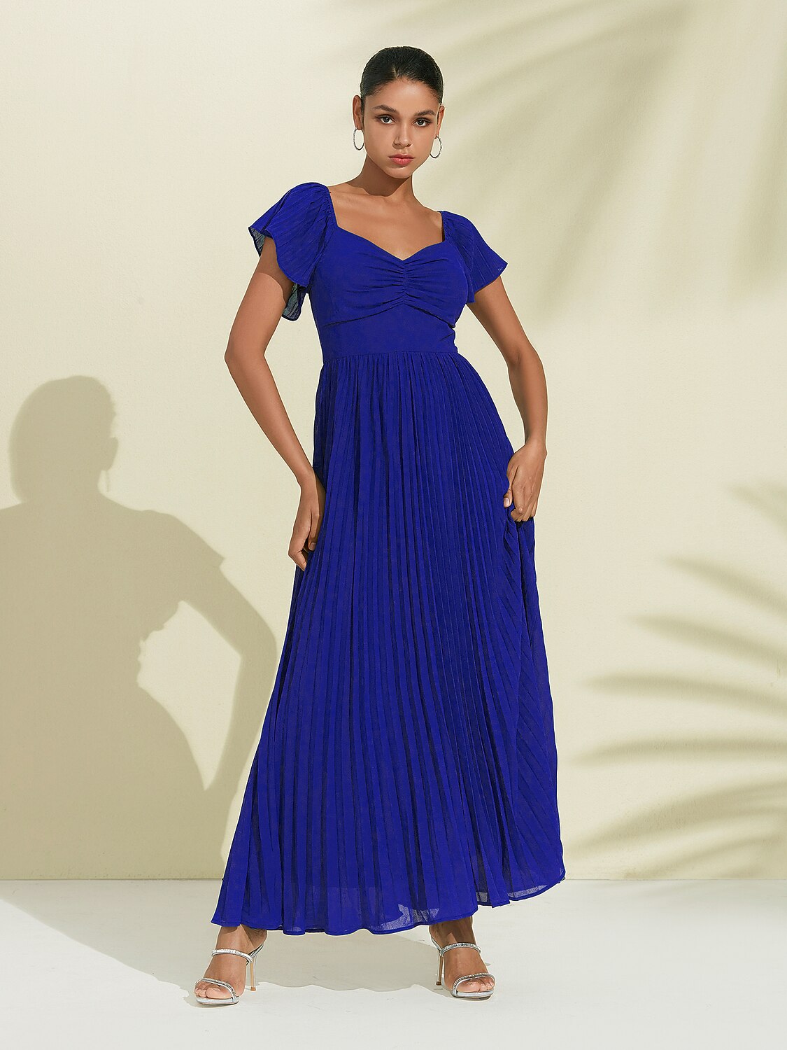 Royal Blue Chiffon Pleated Wedding Guest Party Dress