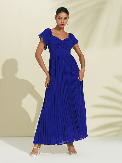 Royal Blue Chiffon Pleated Wedding Guest Party Dress