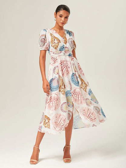 Linen-Like Seashell Print Smocked Midi Dress