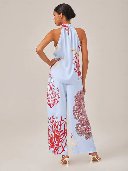 Satin Ocean-Inspired Pattern Print Vacation-Style Set