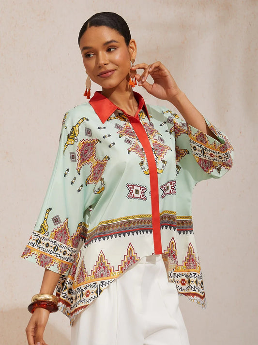 Ethnic Totem Silky Satin Dolman Sleeve Shirt