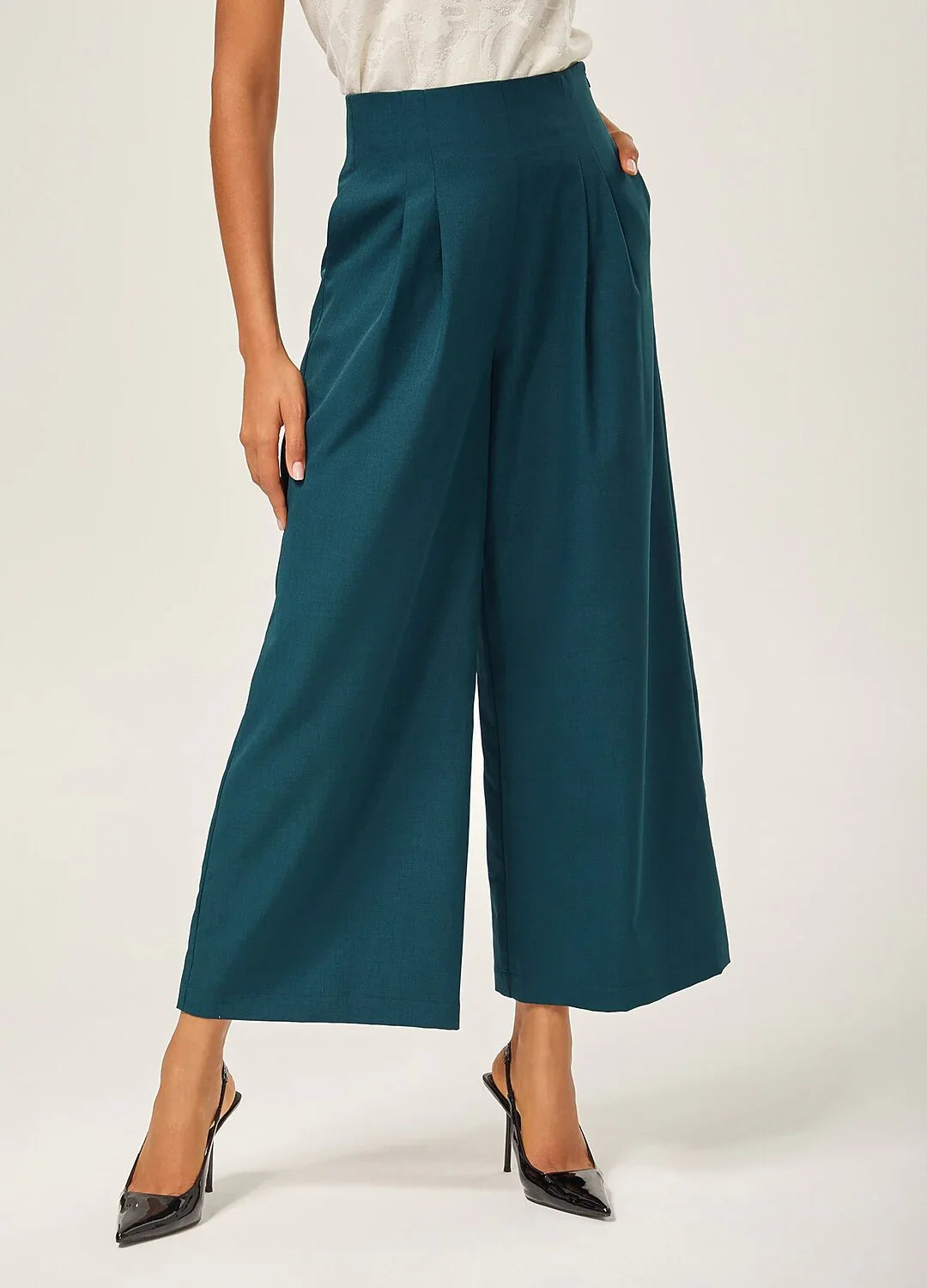 Lake Green Wool-Blend Slim Straight Pants
