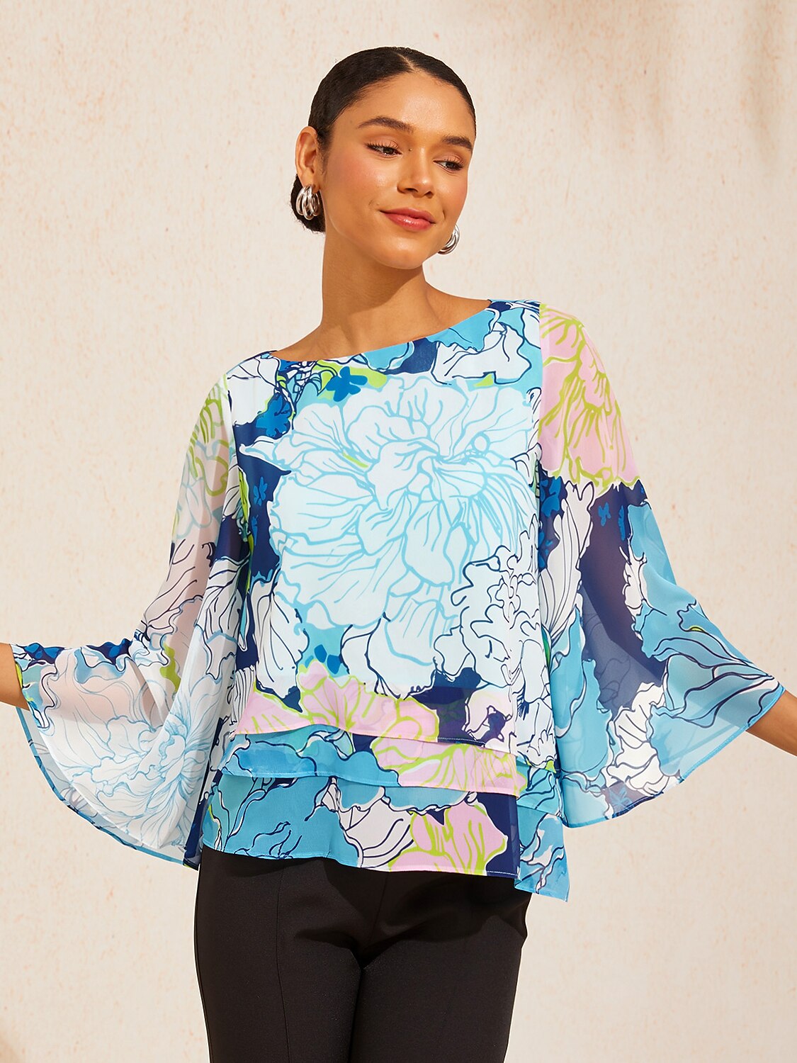 Pastel Wash Peony Layered Chiffon Blouse