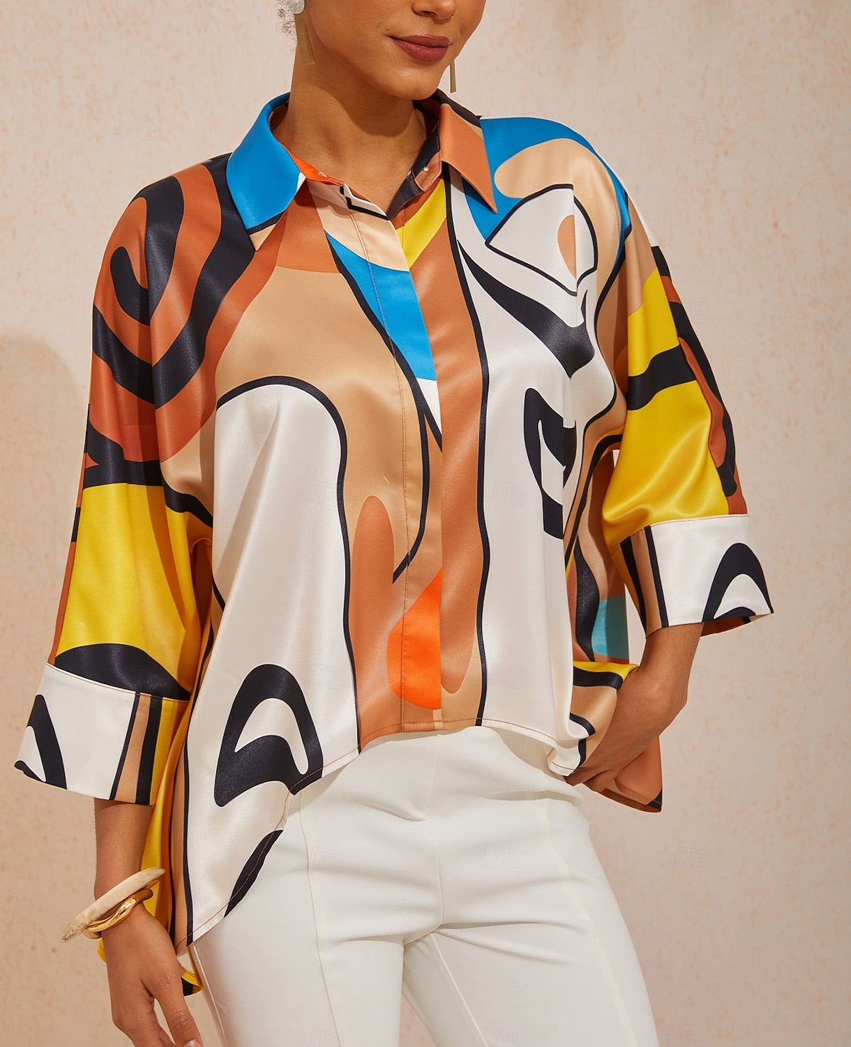 Pastel Floral Garden Satin Dolman Sleeve Button Down Shirt